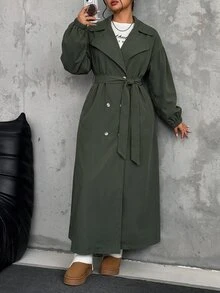 SHEIN EZwear 大尺碼女款雙排扣休閒秋冬軍綠色長款風衣 - 綠色 - 查看 5