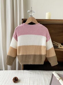 SHEIN 女童拼色休閒百搭日常穿著長袖針織衫 秋冬套頭衫 - 彩色 - 查看 2