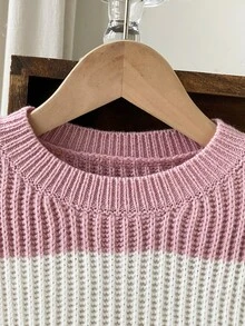 SHEIN 女童拼色休閒百搭日常穿著長袖針織衫 秋冬套頭衫 - 彩色 - 查看 4