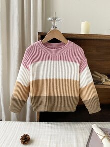 SHEIN 女童拼色休閒百搭日常穿著長袖針織衫 秋冬套頭衫 - 彩色 - 查看 3