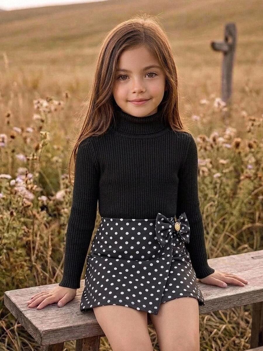 Emery Rose Kids Emery Rose Kids 女童小女孩純色高領長袖秋季上衣與波點印花裙褲套裝 - 彩色 - 查看 1