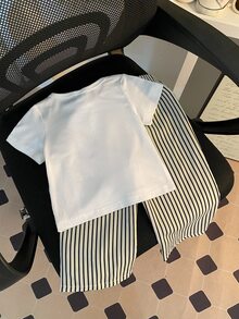 SHEIN 2pcs White Baby Girl Preppy Cute Horse Rider Embroidery Striped Short Sleeve Crewneck T-Shirt Wide Leg Pants Set Summer - Multicolor - View 2