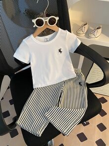 SHEIN 2pcs White Baby Girl Preppy Cute Horse Rider Embroidery Striped Short Sleeve Crewneck T-Shirt Wide Leg Pants Set Summer - Multicolor - View 1