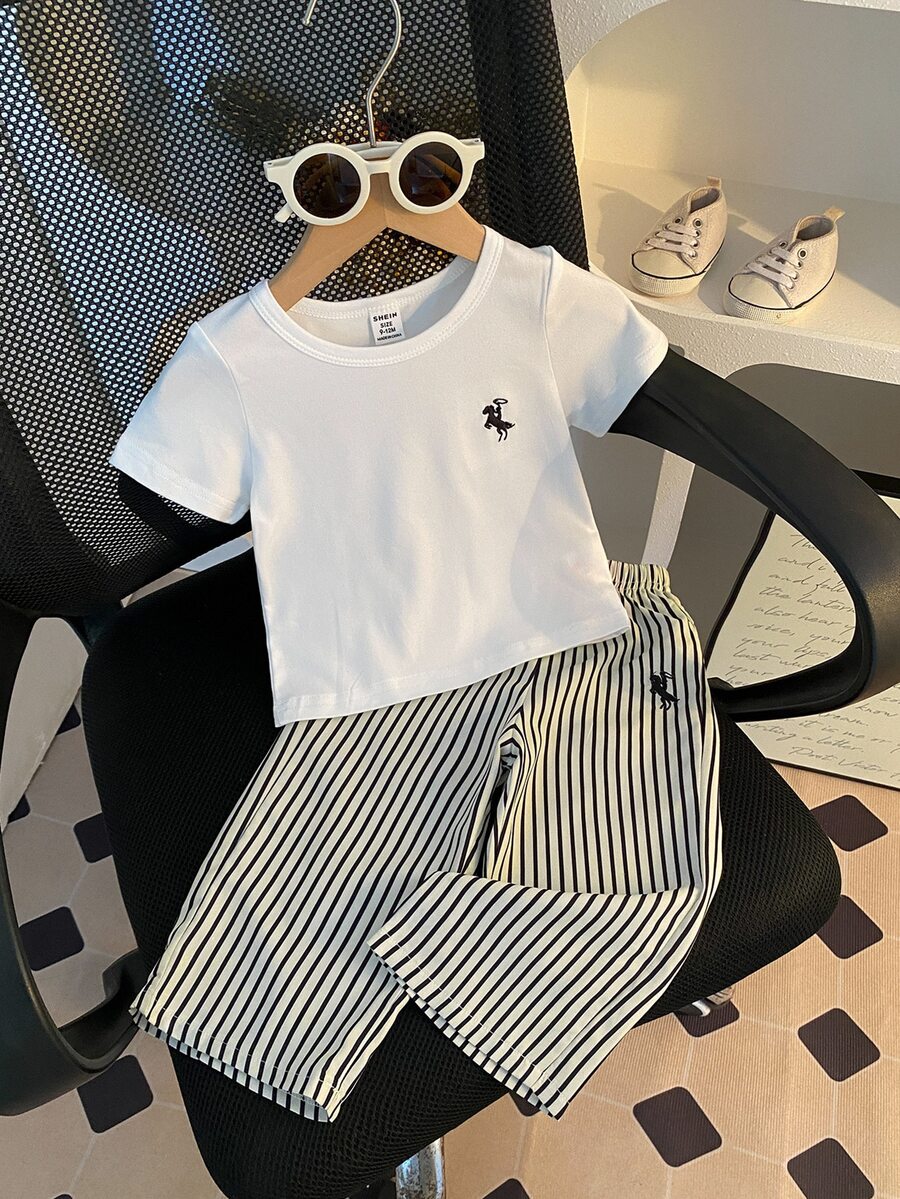 SHEIN 2pcs White Baby Girl Preppy Cute Horse Rider Embroidery Striped Short Sleeve Crewneck T-Shirt Wide Leg Pants Set Summer - Multicolor - View 1