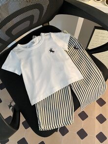 SHEIN 2pcs White Baby Girl Preppy Cute Horse Rider Embroidery Striped Short Sleeve Crewneck T-Shirt Wide Leg Pants Set Summer - Multicolor - View 7