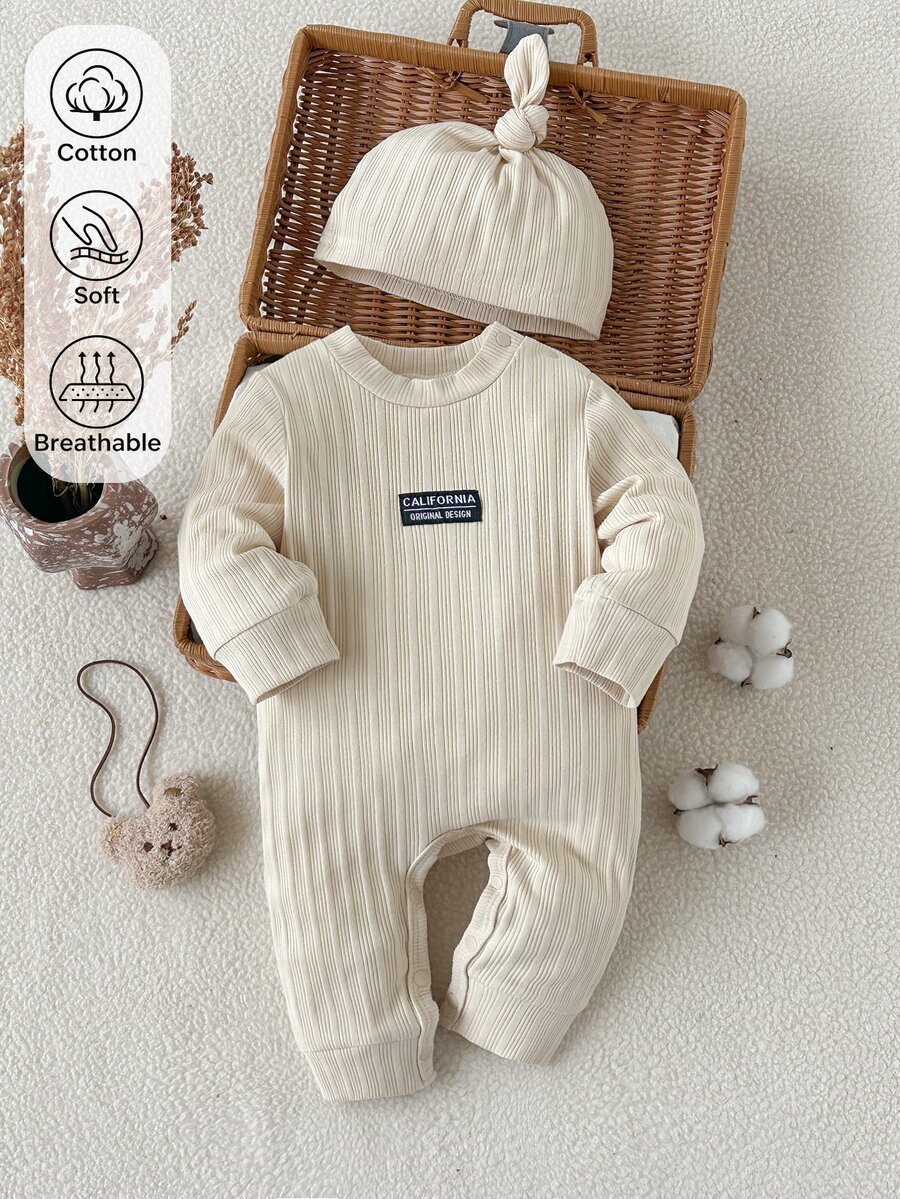 SHEIN Newborn Baby White Knitted Ribbed Long Sleeve Romper 2010 Open Crotch Crawler Suit With Hat Spring And Autumn 1 Month Milestones - Beige - View 1