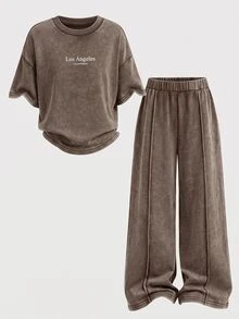 SHEIN 少女字母印花圓領短袖T恤與長褲休閒日常套裝 - 彩色 - 查看 5