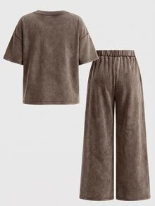SHEIN 少女字母印花圓領短袖T恤與長褲休閒日常套裝 - 彩色 - 查看 2