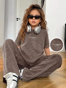 SHEIN 少女字母印花圓領短袖T恤與長褲休閒日常套裝 - 彩色 - 查看 7