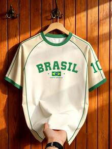Aesthetic Post 復西隊足球T恤，美國 BRASIL 10 印花，男士圖案T恤，圖案T恤，男士時尚運動上衣，足球/足球用品，足球 - 彩色 - 查看 5