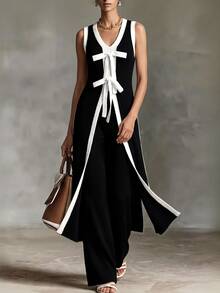 SHEIN Women's Bow Decor Sleeveless Knit Cardigan And Knit Pants Casual 2 Pieces Set - Black and White - View 1