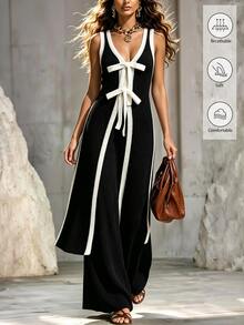 SHEIN Women's Bow Decor Sleeveless Knit Cardigan And Knit Pants Casual 2 Pieces Set - Black and White - View 3
