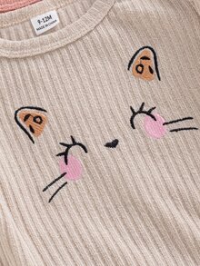SHEIN Playful Pals 3 Pieces BabyGirls Cute Pink Autumn Ribbed Knit Leopard Print Cat Face Graphic Tops And Pants Set - Multicolor - View 6