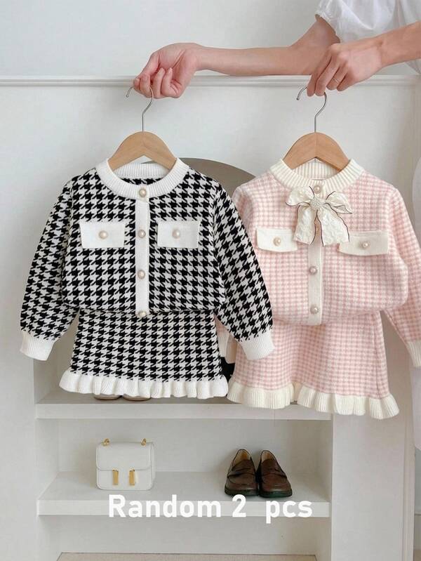 SHEIN Young Girl Knitted Plaid Young Girl Crew Neck Casual Sweater And Autumn Skirt 2 Pieces Set