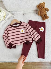 SHEIN Baby Girl Colorful Striped Loose Pullover Top Casual Elastic Leggings With Floral Pattern Decoration Suitable For Autumn/Winter - Multicolor - View 1