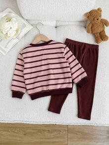 SHEIN Baby Girl Colorful Striped Loose Pullover Top Casual Elastic Leggings With Floral Pattern Decoration Suitable For Autumn/Winter - Multicolor - View 2