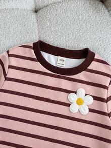 SHEIN Baby Girl Colorful Striped Loose Pullover Top Casual Elastic Leggings With Floral Pattern Decoration Suitable For Autumn/Winter - Multicolor - View 4