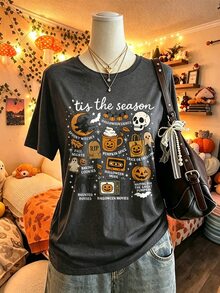 EMERY ROSE Women Halloween Vintage Washed Short Sleeve Tee, Pumpkin Skull Ghost Witch Cat Graphic Crew Neck Drop Shoulder Loose T‑Shirt, Fall Holiday CasualParty - Dark Grey - View 4