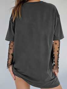 EMERY ROSE Women Halloween Vintage Washed Short Sleeve Tee, Pumpkin Skull Ghost Witch Cat Graphic Crew Neck Drop Shoulder Loose T‑Shirt, Fall Holiday CasualParty - Dark Grey - View 2