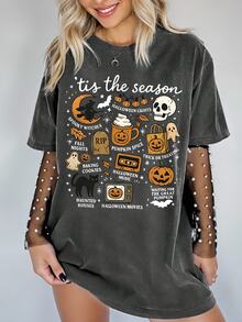 EMERY ROSE Women Halloween Vintage Washed Short Sleeve Tee, Pumpkin Skull Ghost Witch Cat Graphic Crew Neck Drop Shoulder Loose T‑Shirt, Fall Holiday CasualParty - Dark Grey - View 3