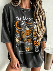 EMERY ROSE Women Halloween Vintage Washed Short Sleeve Tee, Pumpkin Skull Ghost Witch Cat Graphic Crew Neck Drop Shoulder Loose T‑Shirt, Fall Holiday CasualParty - Dark Grey - View 7