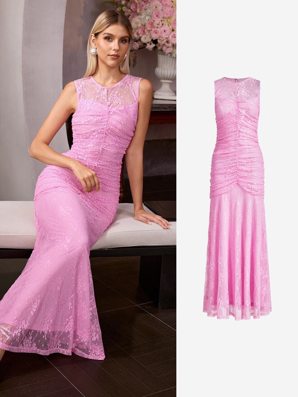 MOTF ELEGANT ROMANTIC LACE SLEEVELESS FRONT PLEATED ROUND NECK MERMAID HEM DRESS WEDDING NIGHT COCKTAIL PINK FLORAL SUMMER