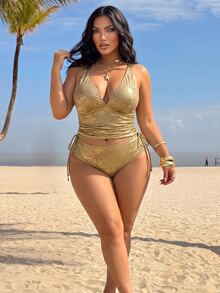 Swim SXY طقم قطعتين توب تانك ذهبي مثير بتصميم مجعد مقاس كبير جديد 2026 مناسب لصور الإجازات - الذهبي - مشاهدة 4