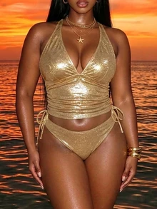 Swim SXY طقم قطعتين توب تانك ذهبي مثير بتصميم مجعد مقاس كبير جديد 2026 مناسب لصور الإجازات - الذهبي - مشاهدة 1