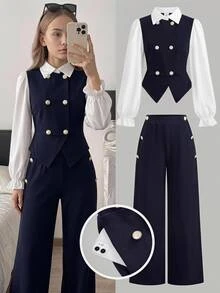 SHEIN Girlism 青少年女孩皇家藍拼色拼接雙排扣翻領襯衫與純色長褲休閒襯衫套裝 - 藍白色 - 查看 1