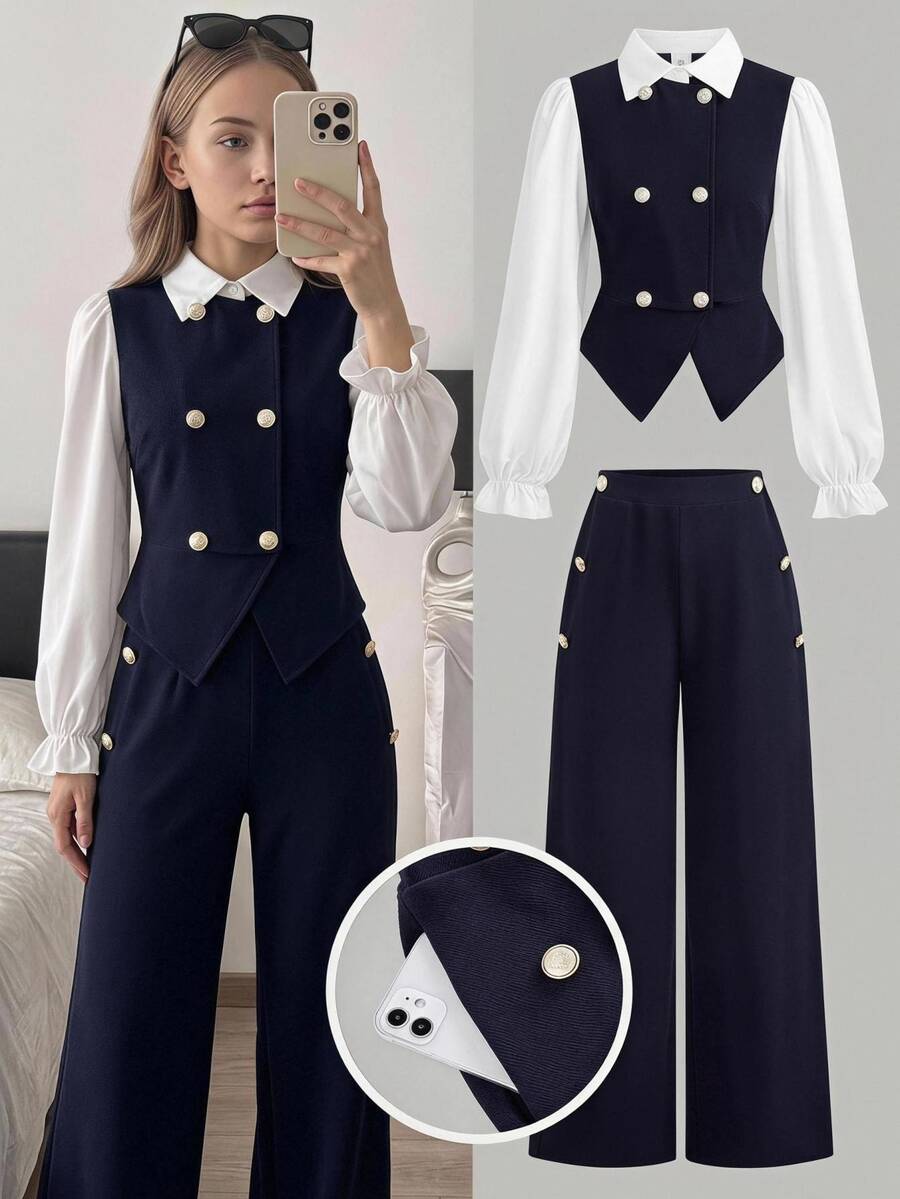 SHEIN Girlism 青少年女孩皇家藍拼色拼接雙排扣翻領襯衫與純色長褲休閒襯衫套裝 - 藍白色 - 查看 1