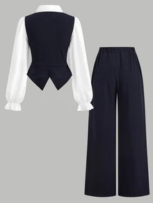 SHEIN Girlism 青少年女孩皇家藍拼色拼接雙排扣翻領襯衫與純色長褲休閒襯衫套裝 - 藍白色 - 查看 2