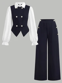 SHEIN Girlism 青少年女孩皇家藍拼色拼接雙排扣翻領襯衫與純色長褲休閒襯衫套裝 - 藍白色 - 查看 8