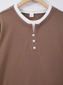 SHEIN Teen Boys Round Neck Long Sleeve Contrast Color Collar & Cuff Spring/Autumn T-Shirt - Coffee Brown - View 3