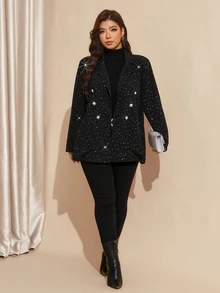 Comfylo Plus Size Women's Rhinestone Embellished Casual Versatile Commute Travel Blazer - Black - View 5