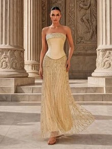 MOTF Soiréza SPRING/SUMMER WOMEN'S YELLOW STRAPLESS RHINESTONE EMBELLISHED PARTY DRESS - Champagne - View 2