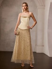 MOTF Soiréza SPRING/SUMMER WOMEN'S YELLOW STRAPLESS RHINESTONE EMBELLISHED PARTY DRESS - Champagne - View 8
