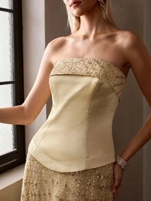 MOTF Soiréza SPRING/SUMMER WOMEN'S YELLOW STRAPLESS RHINESTONE EMBELLISHED PARTY DRESS - Champagne - View 6
