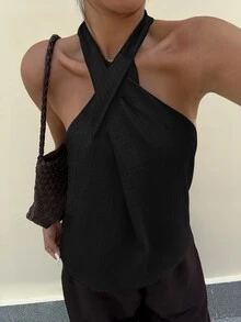 Lavishia Women's Solid Color Criss-Cross Halter Neck Top For Vacation - Black - View 5