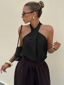 Lavishia Women's Solid Color Criss-Cross Halter Neck Top For Vacation - Black - View 4
