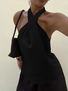 Lavishia Women's Solid Color Criss-Cross Halter Neck Top For Vacation - Black - View 8