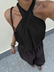 Lavishia Women's Solid Color Criss-Cross Halter Neck Top For Vacation - Black - View 6
