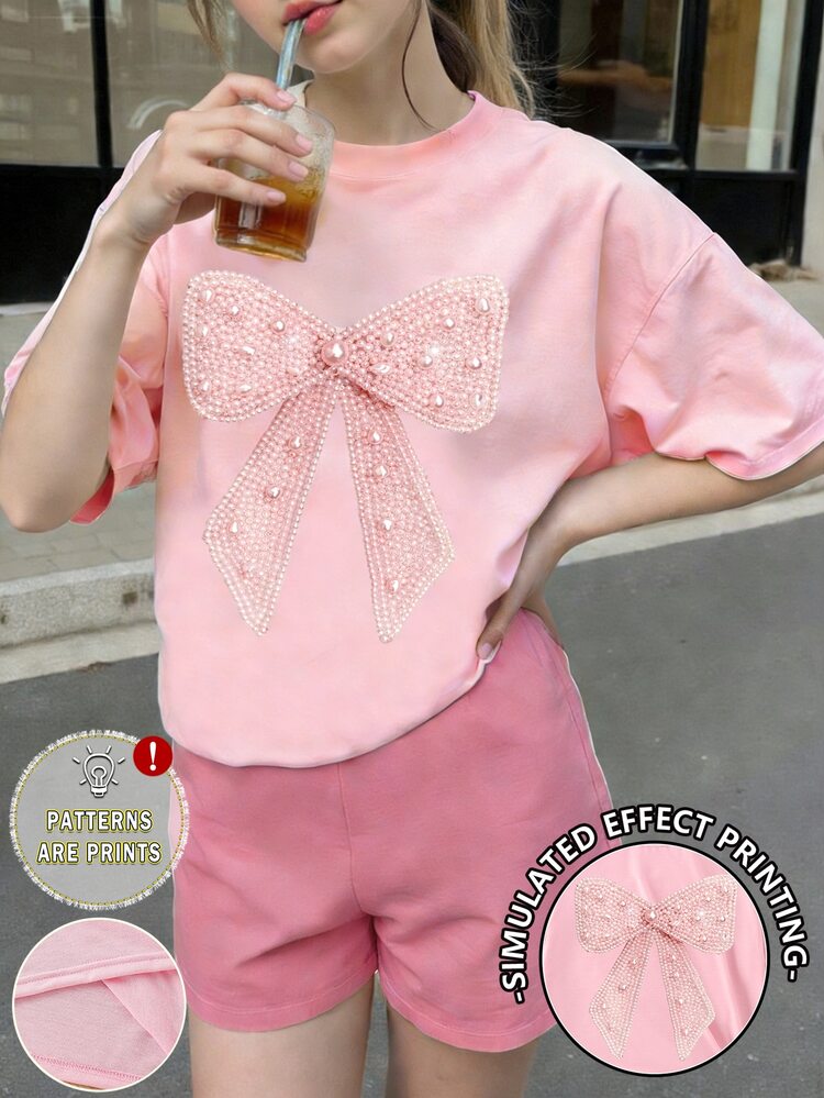 Tween Girls' Light Pink Cute Summer Graphic School T-Shirt,Fashionable Faux Pearls Bow Decor Casual Personalized Refreshing Chic Comfortable Basic Tee - Pink - View 3