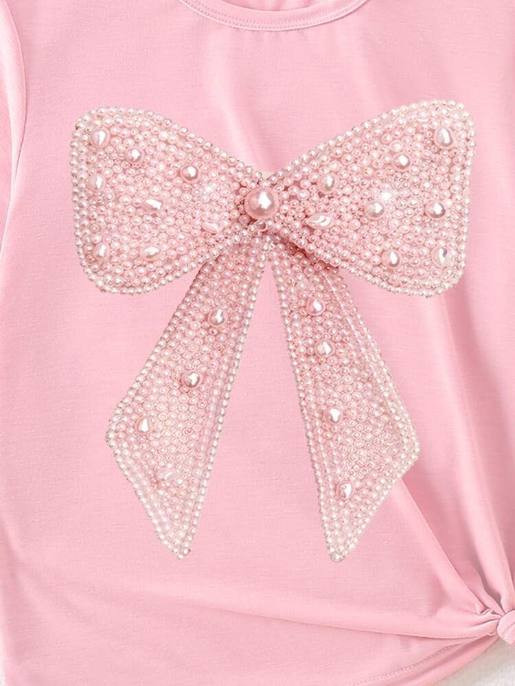 Tween Girls' Light Pink Cute Summer Graphic School T-Shirt,Fashionable Faux Pearls Bow Decor Casual Personalized Refreshing Chic Comfortable Basic Tee - Pink - View 6