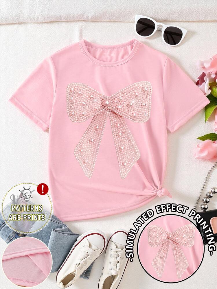 Tween Girls' Light Pink Cute Summer Graphic School T-Shirt,Fashionable Faux Pearls Bow Decor Casual Personalized Refreshing Chic Comfortable Basic Tee - Pink - View 4