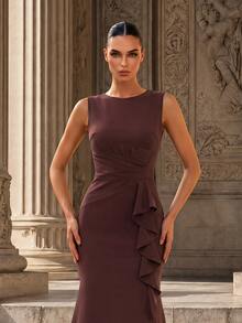 MOTF Soiréza ELEGANT WOMEN'S SLEEVELESS BOAT NECK RUFFLE TRIM HIGH SLIT EVENING GOWN FOR FORMAL PARTY - Brown - View 4