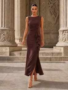 MOTF Soiréza ELEGANT WOMEN'S SLEEVELESS BOAT NECK RUFFLE TRIM HIGH SLIT EVENING GOWN FOR FORMAL PARTY - Brown - View 3