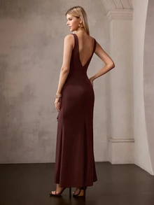MOTF Soiréza ELEGANT WOMEN'S SLEEVELESS BOAT NECK RUFFLE TRIM HIGH SLIT EVENING GOWN FOR FORMAL PARTY - Brown - View 7