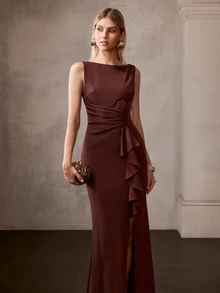 MOTF Soiréza ELEGANT WOMEN'S SLEEVELESS BOAT NECK RUFFLE TRIM HIGH SLIT EVENING GOWN FOR FORMAL PARTY - Brown - View 9