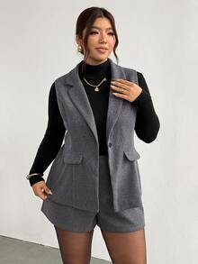 Firerie Plus Size Button Vest Jacket And Shorts Suit Set Elegant Office Business Work Suit Set For Women Fall/Winter Elegant Daily Going Out Suit Set Women - Dark Grey - View 3