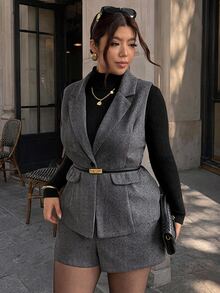 Firerie Plus Size Button Vest Jacket And Shorts Suit Set Elegant Office Business Work Suit Set For Women Fall/Winter Elegant Daily Going Out Suit Set Women - Dark Grey - View 1